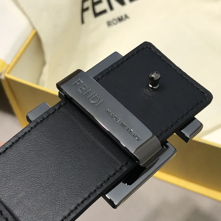 Fendi Men's FF Buckle Belt In Black F Embossed Calfskin With Gun Black Hardware 38mm
