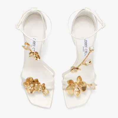 JIMMY CHOO Metallic floral embellished ivory white satin heel sandals