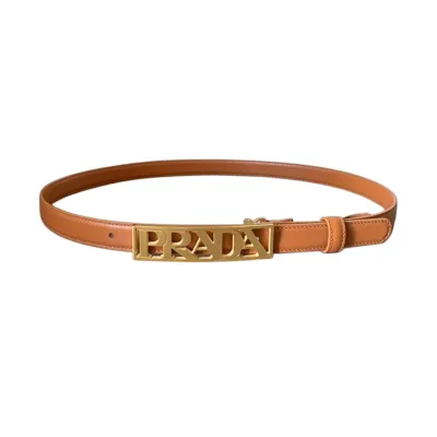 Prada Women' s Rectangled Buckle Belt In Brown/Red Calfskin With Gold Hardware 20mm