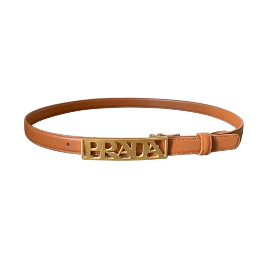 Prada Women' s Rectangled Buckle Belt In Brown/Red Calfskin With Gold Hardware 20mm