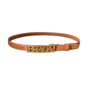 Prada Women' s Rectangled Buckle Belt In Brown/Red Calfskin With Gold Hardware 20mm