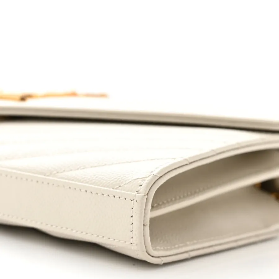 Saint Laurent Small Chain Wallet Crema Soft Chevron Monogram Grain De Poudre Matelasse Leather Gold Hardware