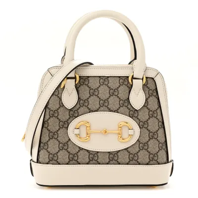 Gucci Mini Horsebit 1955 Top Handle Bag Beige / Ebony / Mystic White GG Supreme Monogram Canvas & Azalea Calfskin Leather Gold Hardware
