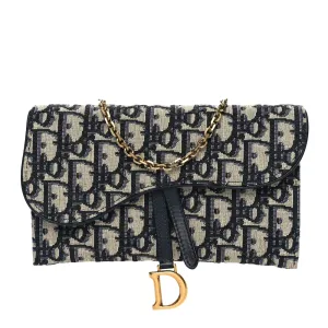Dior Small Saddle Long Wallet With Chain Blue Oblique Canvas Brass Hardware
