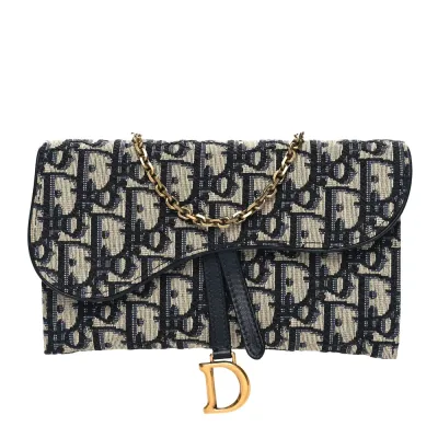 Dior Small Saddle Long Wallet With Chain Blue Oblique Canvas Brass Hardware