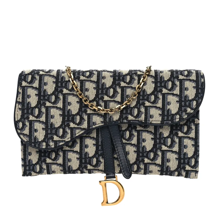 Dior Small Saddle Long Wallet With Chain Blue Oblique Canvas Brass Hardware