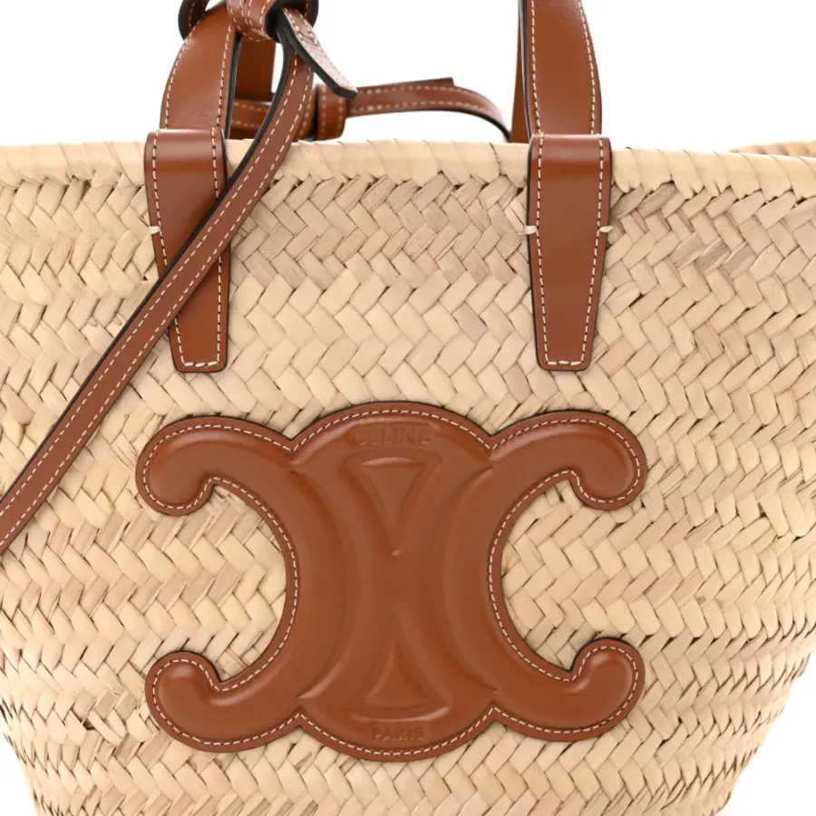 Celine Large Triomphe Teen Panier Tan Raffia & Calfskin Leather Gold Hardware
