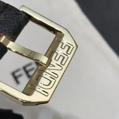 Fendi Men's Square Buckle Belt In Black/Brown Calfskin And Monogram Canvas With Gold/Silver Hardware 35mm