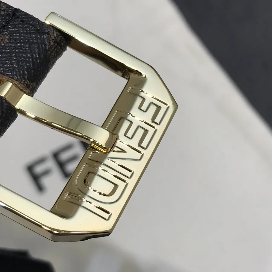 Fendi Men's Square Buckle Belt In Black/Brown Calfskin And Monogram Canvas With Gold/Silver Hardware 35mm