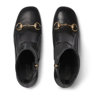 Gucci black square headed horse buckle high heels ankle boots
