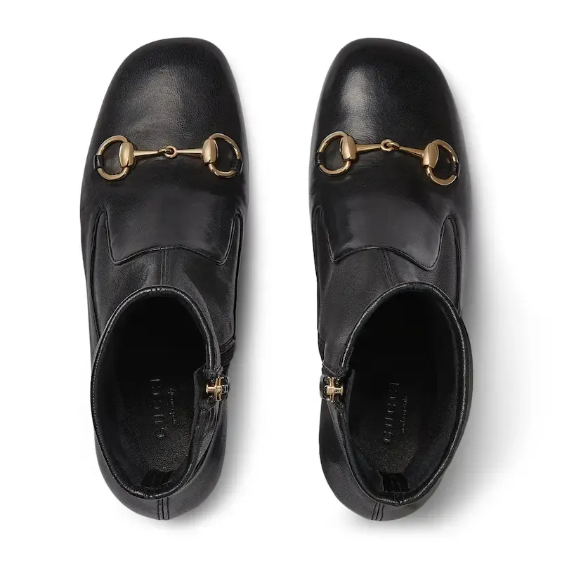 Gucci black square headed horse buckle high heels ankle boots
