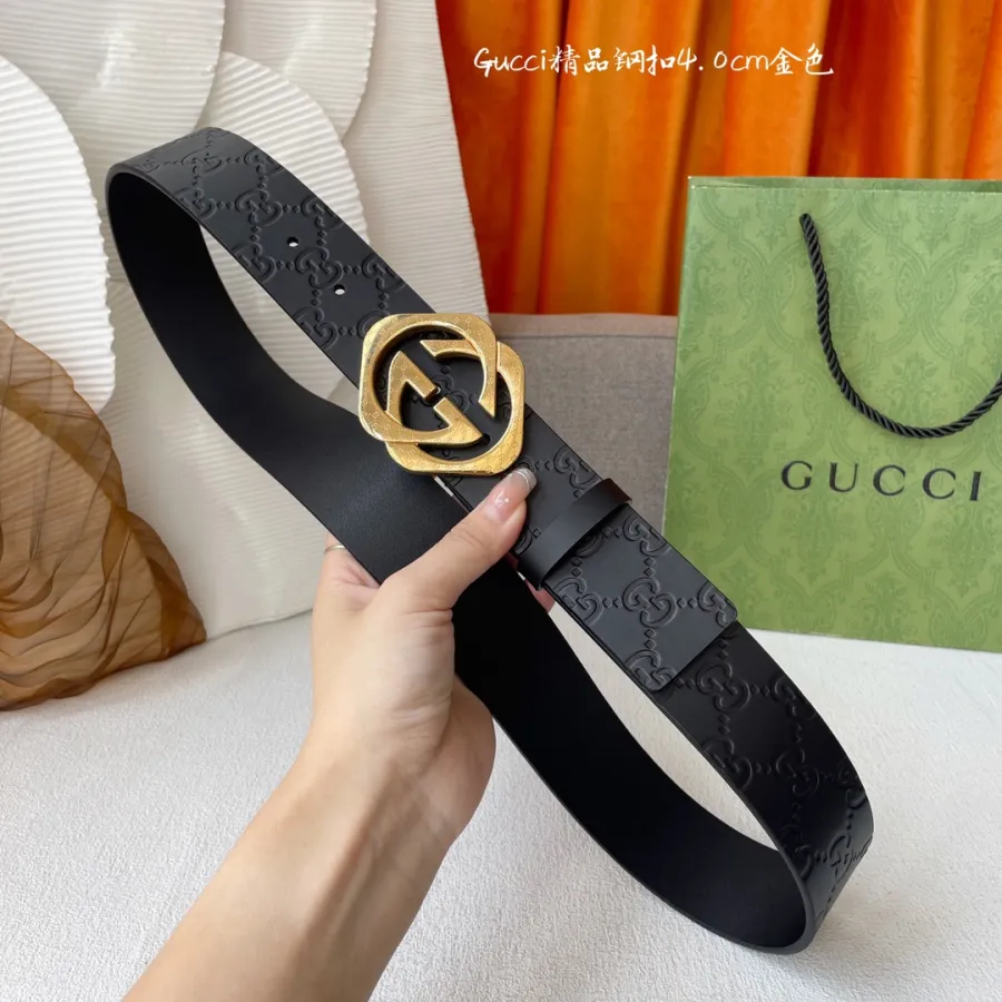 Gucci Men's Square Double G Buckle Belt In Black Monogram Calfskin With Gold/Silver Hardware 40mm