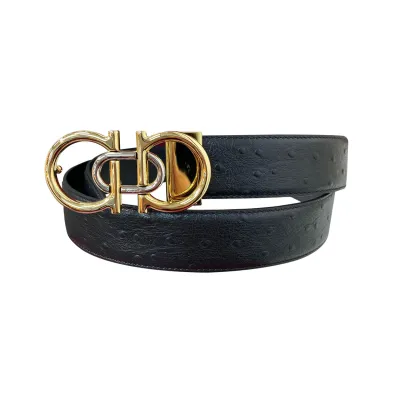 Ferragamo Men's Double Gancini Buckle Belt In Black Ostrich Grain Calfskin With Gold/Silver Hardware 35mm