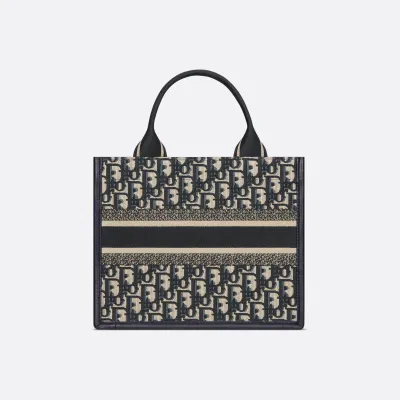 Dior Small Dior Book Tote In Blue Dior Oblique Embroidery Canvas and Calfskin Gold Hardware