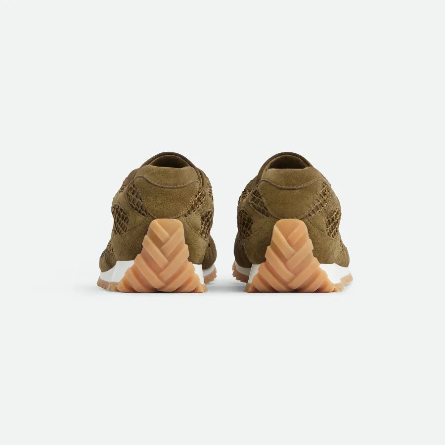 Bottega Veneta Orbit Flash Sneakers In Olive Weathered Suede Leather And Mesh Lace-Up Sneaker