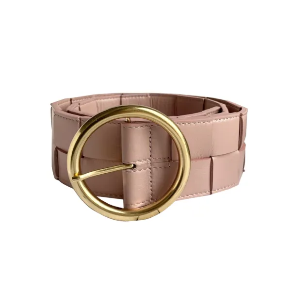Bottega Veneta Women's Round Buckle Maxi Intrecciato Adjustable Belt In Pink/Blue/White/Coffee/Black Calfskin With Gold Hardware 60mm