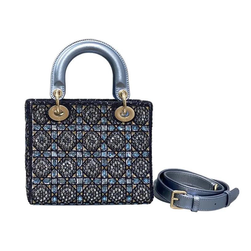 Dior Small Lady Dior Bag Metallic/Blue/Grey Lambskin and Rose des Vents/Dark Blue/Light Grey Satin Embroidered with Beads Gold Hardware