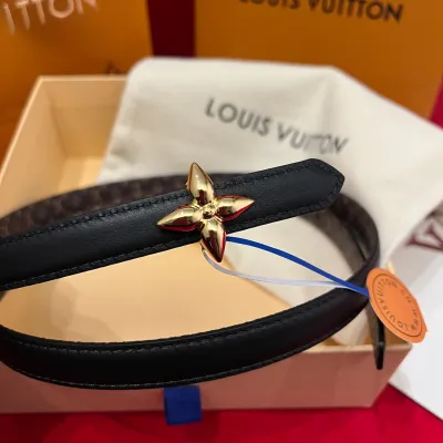 Louis Vuitton Women's Mini Flowergram Reversible Belt In Black Calfskin And Monogram Canvas With Gold/Silver/Pink/Black Hardware 15mm