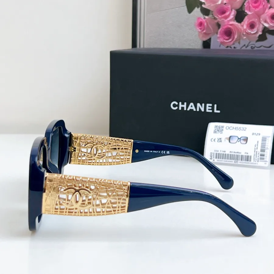 CHANEL square frame glasses blue gold color size 54-20-140