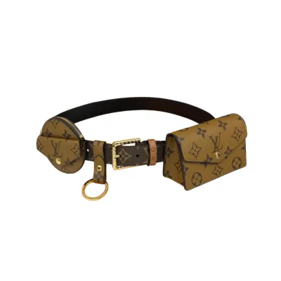 Louis Vuitton Women's Daily Mult Pocket Belt In Black Calfskin And Monogram Canvas With Gold Hardware 30mm