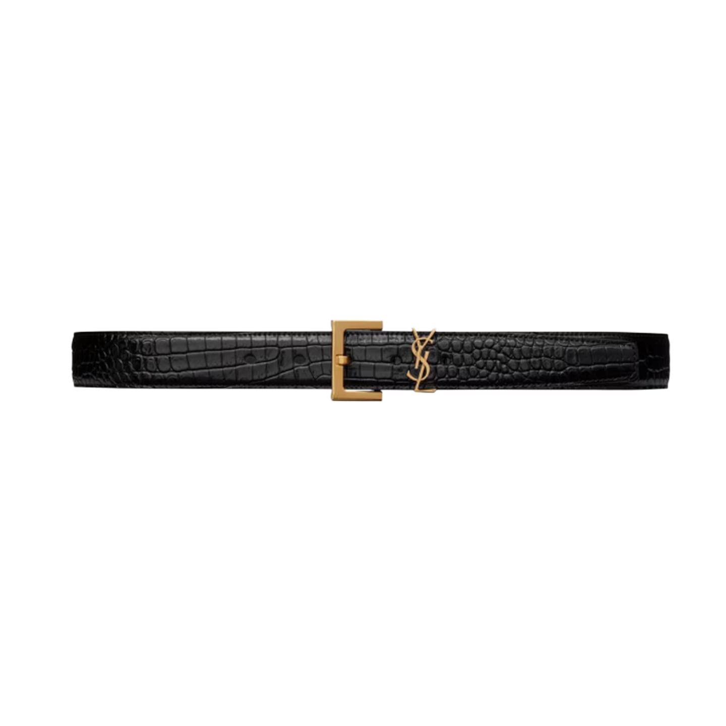 Cinto Saint Laurent Cassandre em Pele de Bezerro Relevo de Crocodilo Preto com Ferragens Douradas/Prateadas/Pretas 30mm