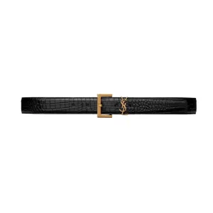 Saint Laurent Cassandre Belt In Black Crocodile-Embossed Calfskin With Gold/Silver/Black Hardware 30mm