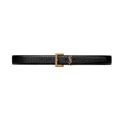 Saint Laurent Cassandre Belt In Black Crocodile-Embossed Calfskin With Gold/Silver/Black Hardware 30mm