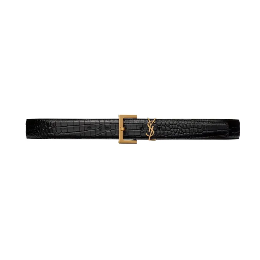 Saint Laurent Cassandre Belt In Black Crocodile-Embossed Calfskin With Gold/Silver/Black Hardware 30mm