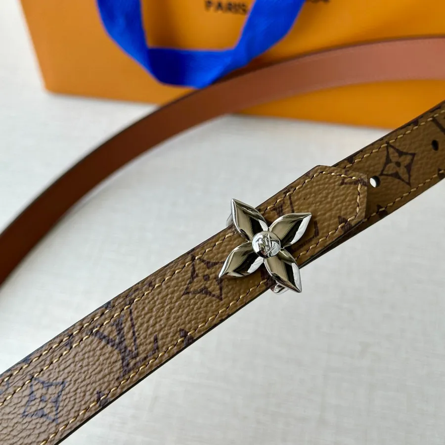 Louis Vuitton Women's Mini Flowergram Reversible Belt In Brown/Black/Pink/White Calfskin And Monogram Canvas With Gold/Silver Hardware 20mm