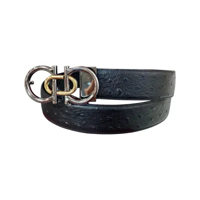 Ferragamo Men's Double Gancini Buckle Belt In Black Ostrich Grain Calfskin With Gold/Silver Hardware 35mm