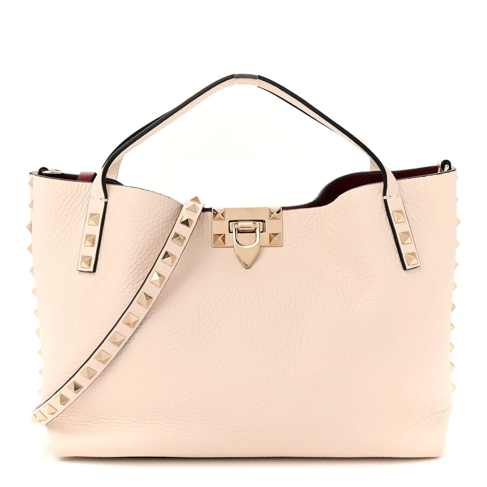 Valentino Garavani Bolsa Tote Small Rockstud Flip Lock Marfim Claro/Rubino Couro Bezerro Grained Hardware Dourado