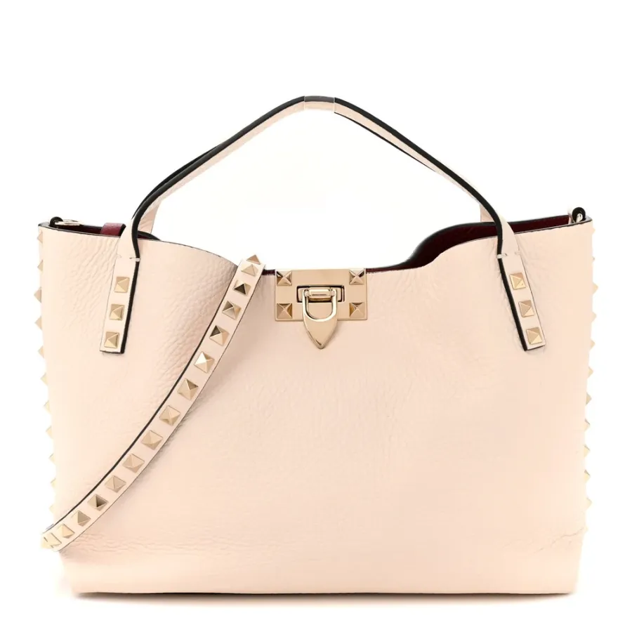 Valentino Garavani Small Rockstud Flip Lock Tote Bag Light Ivory/Rubino Grained Calfskin Leather Gold Hardware