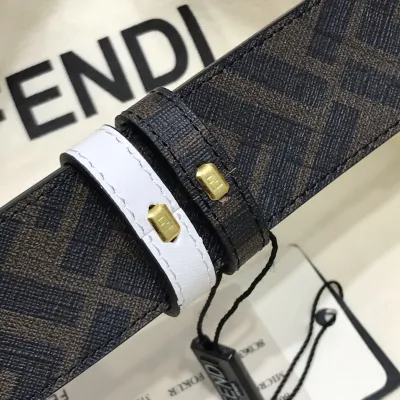 Fendi Men's FF Reversible Belt In White/Black Calfskin And FF Monogram Canvas With Gold/Silver Hardware 38mm