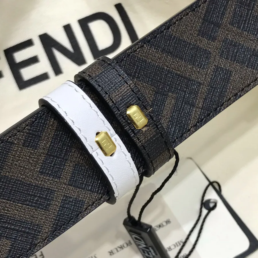 Fendi Men's FF Reversible Belt In White/Black Calfskin And FF Monogram Canvas With Gold/Silver Hardware 38mm