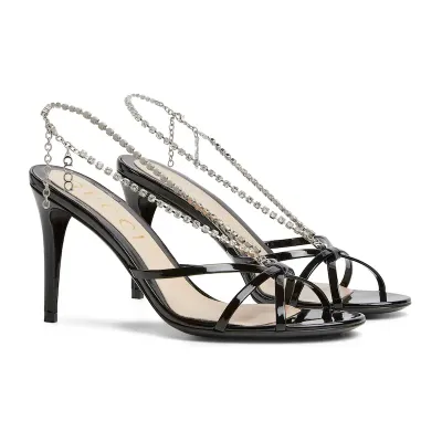 Gucci black crystal chain round head high heels sandal