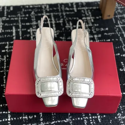 Roger Vivier Belle Viver Slingback Pumps High Heels In Silver Calfskin Leather With Crystal Buckle (Heel Height 4.5cm)