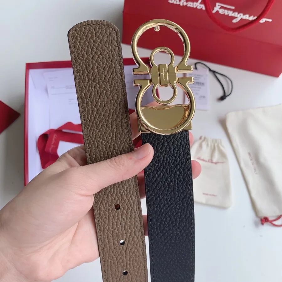 Ferragamo Men's Double Gancini Buckle Reversible Belt In Black/Brown/Coffee Calfskin With Gold/Silver/Black Hardware 35mm