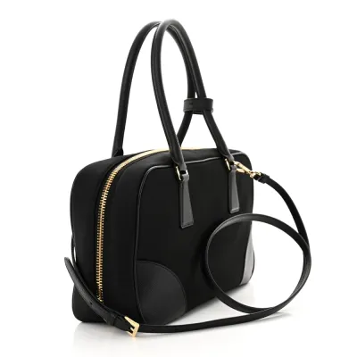 Prada Medium Re-Edition 1978 Two Handle Bag Black Re-Nylon & Saffiano Leather Gold Hardware