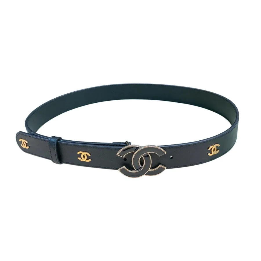 Chanel Women's CC Belt In Black/White Diamond Stitching Calfskin With Gold Hardware 30mm