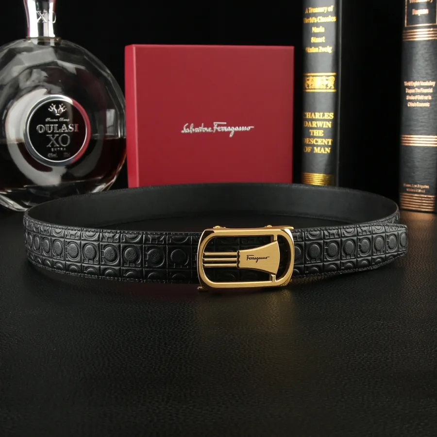 Ferragamo Men's Square Buckle Belt In Black Gancini Monogram Calfskin With Gold/Silver Hardware 35mm