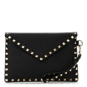 Valentino Garavani Medium Rockstud Envelope Flat Wristlet Pouch Black Pebbled Calfskin Leather Light Gold Hardware