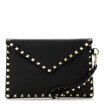 Valentino Garavani Medium Rockstud Envelope Flat Wristlet Pouch Black Pebbled Calfskin Leather Light Gold Hardware