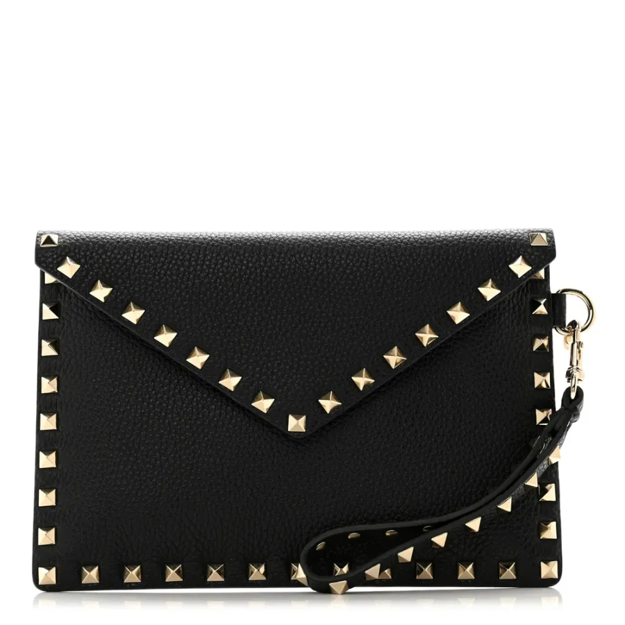 Valentino Garavani Medium Rockstud Envelope Flat Wristlet Pouch Black Pebbled Calfskin Leather Light Gold Hardware