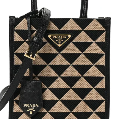 Prada Mini Triangolo Symbole Embroidered Tote Bag Black/Corda Jacquard Saffiano Leather Gold Hardware