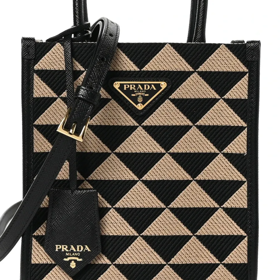 Prada Mini Triangolo Symbole Embroidered Tote Bag Black/Corda Jacquard Saffiano Leather Gold Hardware