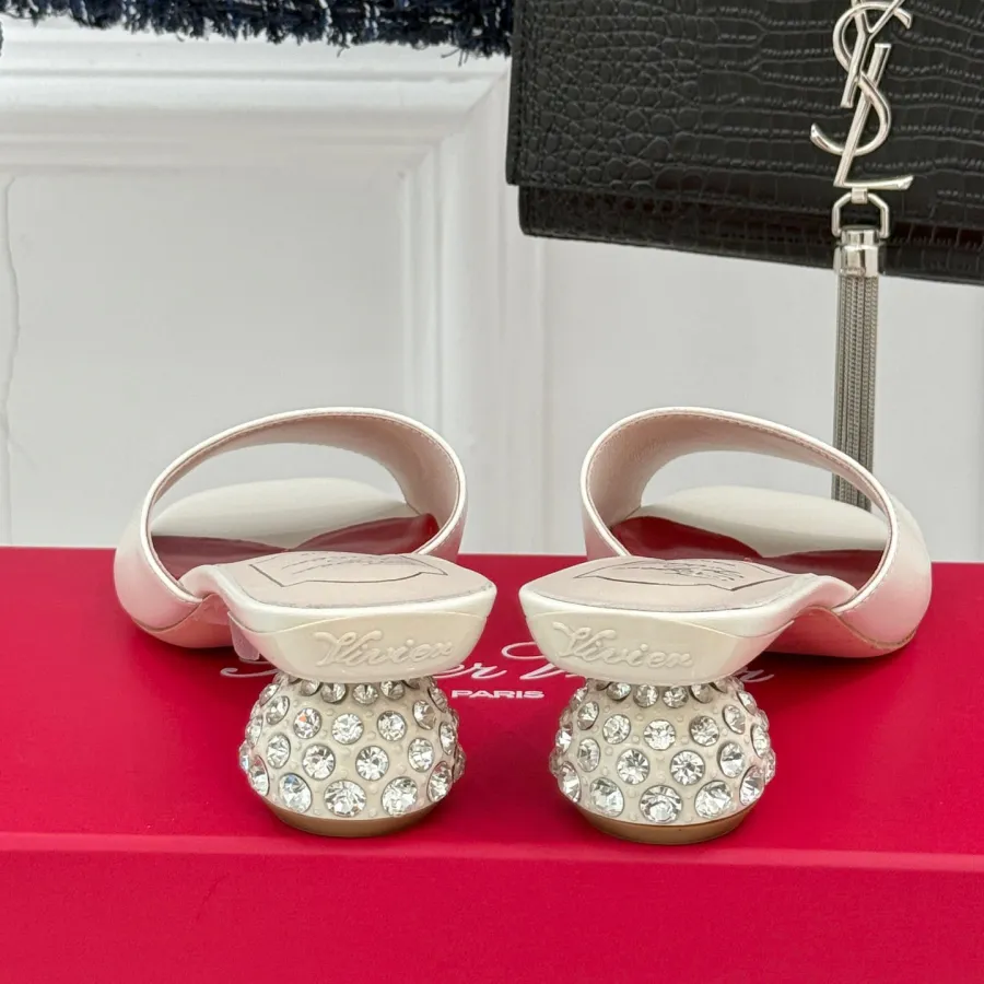 Roger Vivier Mules Sandals In Black/White/Pink Satin Crystal Heels (Heel Height 4cm)