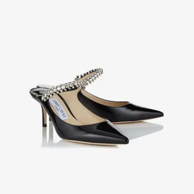 JIMMY CHOO Black patent leather crystal lace Muller shoes slippers
