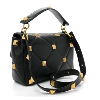 Valentino Garavani Large Roman Stud Shoulder Bag Black Grained Calfskin Leather Brass Hardware