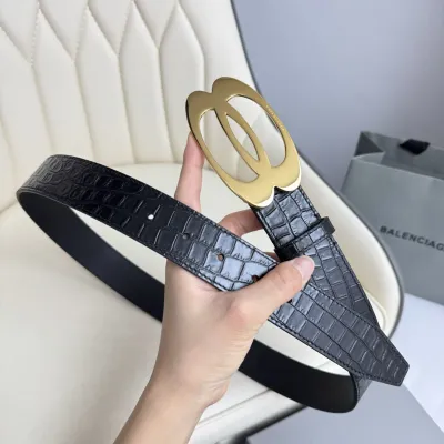 Balenciaga Men's Unity Belt In Black Embossed Crocodile Calfskin With Gold/Silver Hardware 35mm