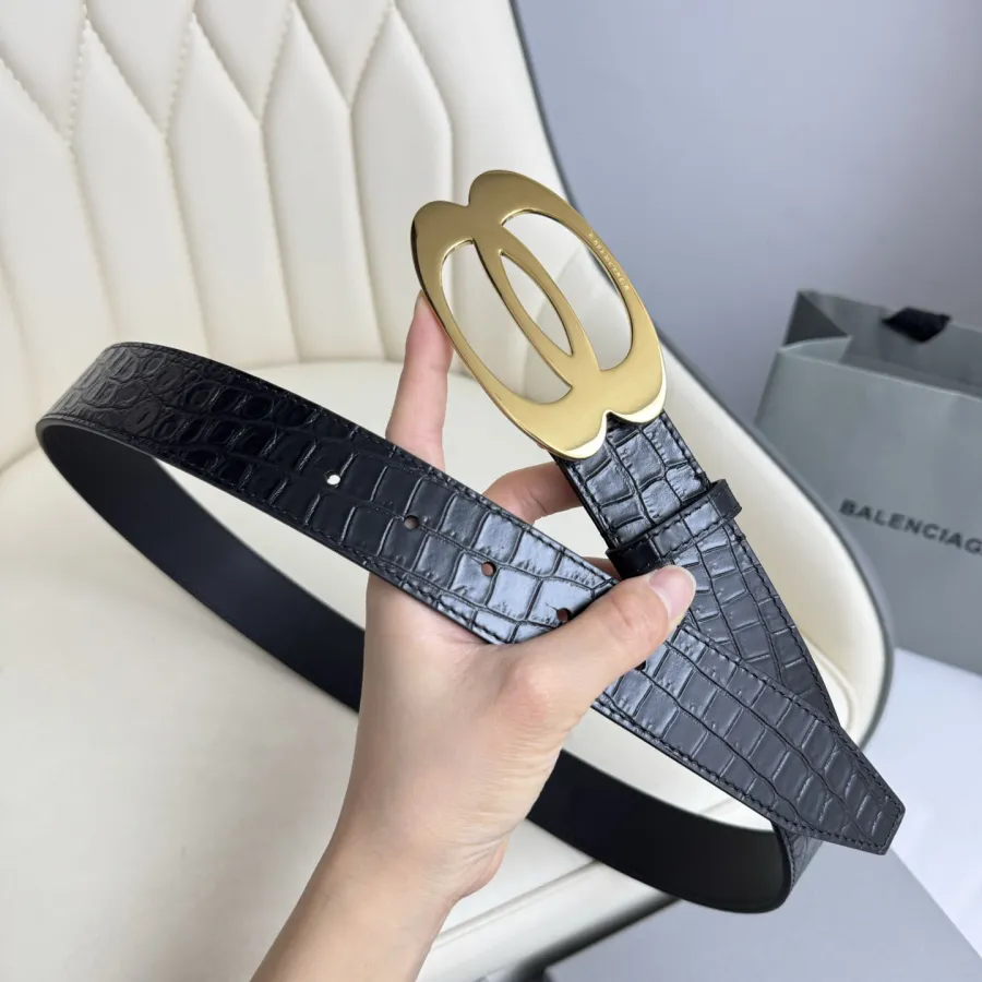 Balenciaga Men's Unity Belt In Black Embossed Crocodile Calfskin With Gold/Silver Hardware 35mm